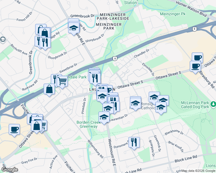 map of restaurants, bars, coffee shops, grocery stores, and more near in Kitchener