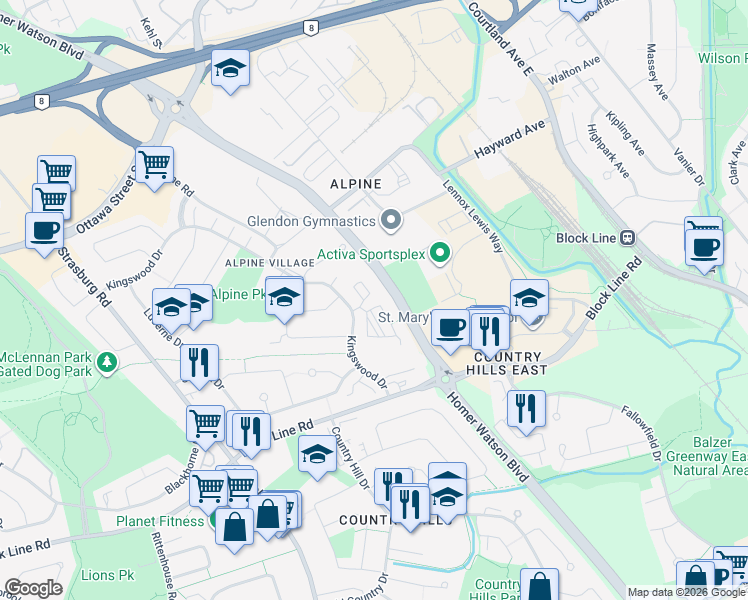 map of restaurants, bars, coffee shops, grocery stores, and more near 270 Kingswood Drive in Kitchener