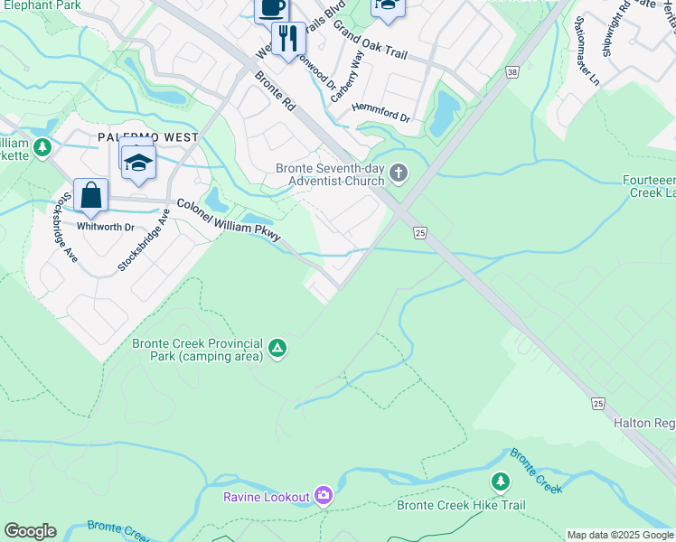 map of restaurants, bars, coffee shops, grocery stores, and more near in Oakville