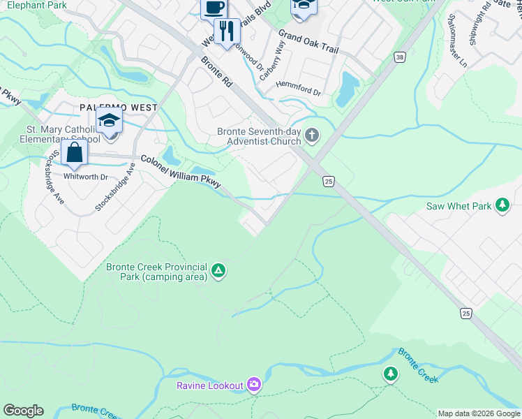 map of restaurants, bars, coffee shops, grocery stores, and more near 2006 Trawden Way in Oakville