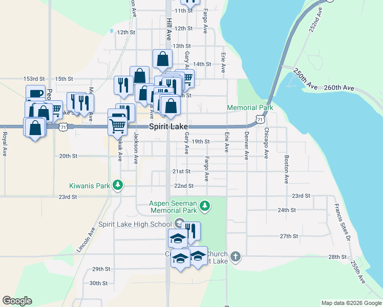 map of restaurants, bars, coffee shops, grocery stores, and more near 610 20th Street in Spirit Lake