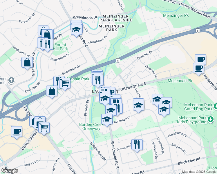 map of restaurants, bars, coffee shops, grocery stores, and more near in Kitchener