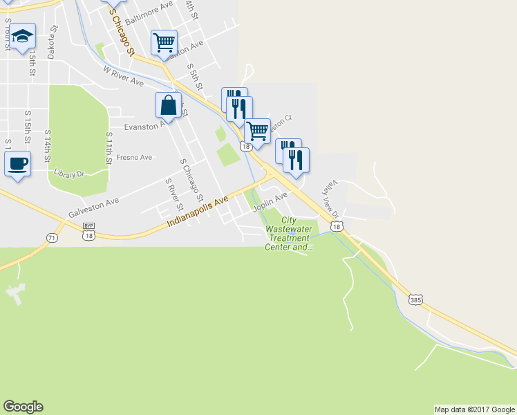 map of restaurants, bars, coffee shops, grocery stores, and more near Joplin Avenue in Hot Springs