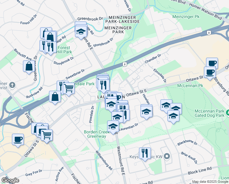 map of restaurants, bars, coffee shops, grocery stores, and more near in Kitchener