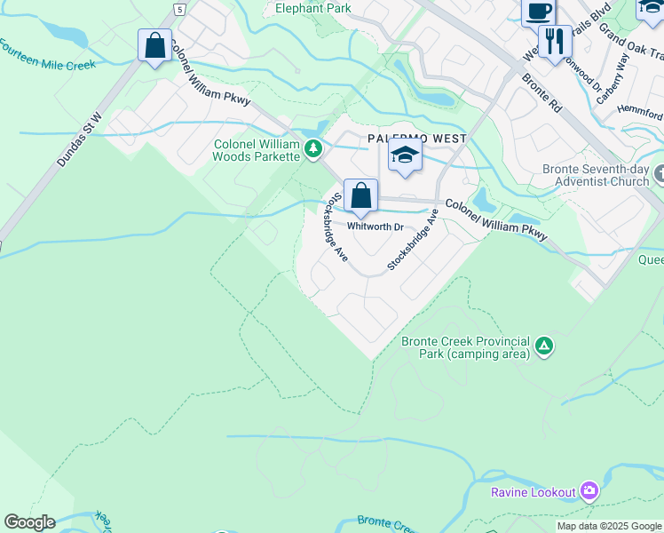 map of restaurants, bars, coffee shops, grocery stores, and more near 2132 Emily Circle in Oakville