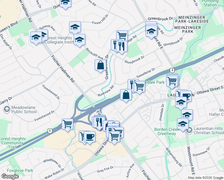 map of restaurants, bars, coffee shops, grocery stores, and more near 102 Ruskview Road in Kitchener