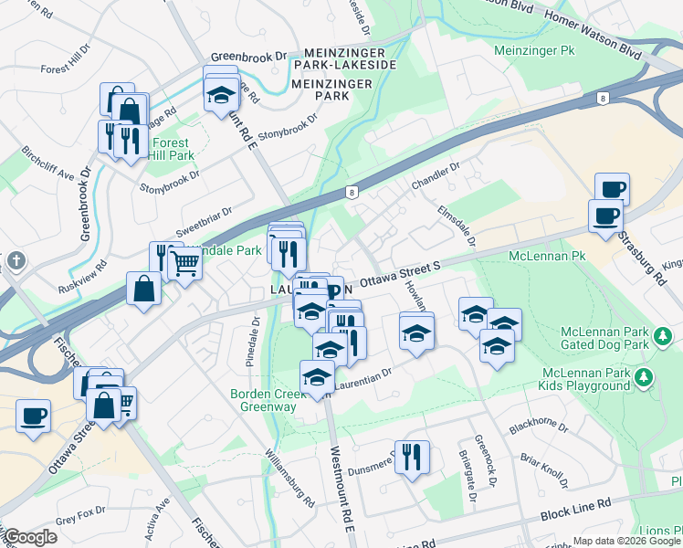 map of restaurants, bars, coffee shops, grocery stores, and more near 279 Chandler Drive in Kitchener