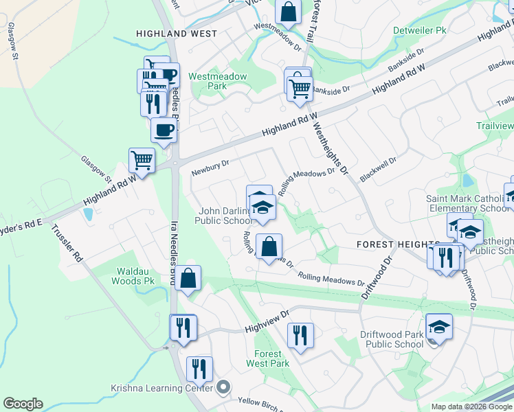 map of restaurants, bars, coffee shops, grocery stores, and more near 39 Windermere Court in Kitchener