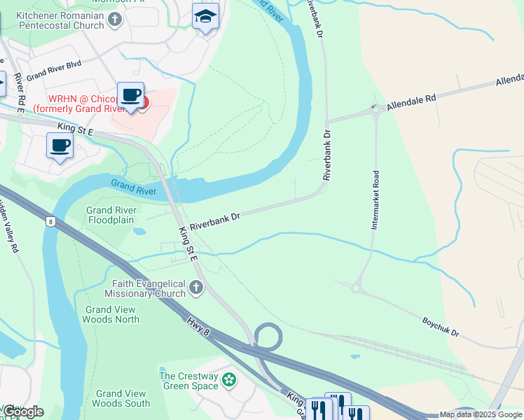 map of restaurants, bars, coffee shops, grocery stores, and more near 175 Riverbank Drive in Cambridge