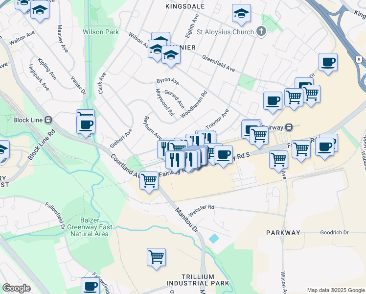 map of restaurants, bars, coffee shops, grocery stores, and more near 652 Fairway Road South in Kitchener