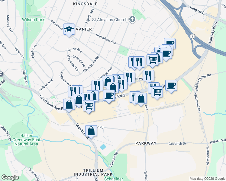 map of restaurants, bars, coffee shops, grocery stores, and more near 555 Fairway Road South in Kitchener