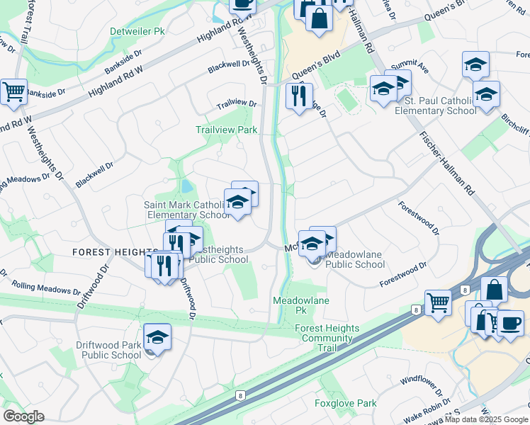map of restaurants, bars, coffee shops, grocery stores, and more near 271 Westheights Drive in Kitchener