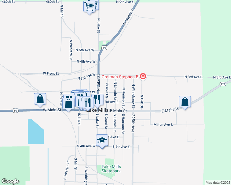 map of restaurants, bars, coffee shops, grocery stores, and more near 200 North Lincoln Street in Lake Mills