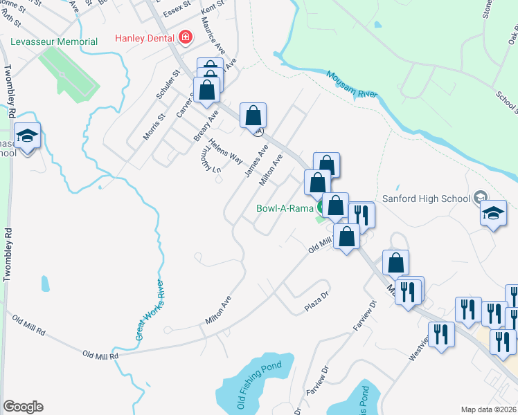 map of restaurants, bars, coffee shops, grocery stores, and more near 2 Nancy Avenue in Sanford