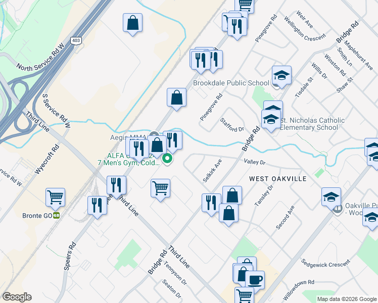 map of restaurants, bars, coffee shops, grocery stores, and more near 569 Valley Drive in Oakville