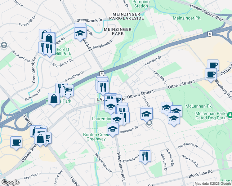 map of restaurants, bars, coffee shops, grocery stores, and more near 294 Chandler Drive in Kitchener