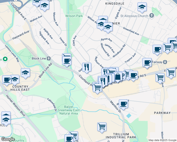 map of restaurants, bars, coffee shops, grocery stores, and more near 418 Vanier Drive in Kitchener