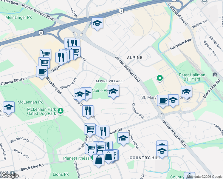 map of restaurants, bars, coffee shops, grocery stores, and more near in Kitchener