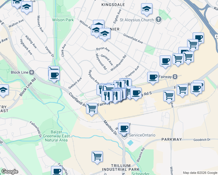 map of restaurants, bars, coffee shops, grocery stores, and more near 277 Traynor Avenue in Kitchener
