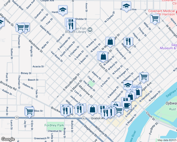 map of restaurants, bars, coffee shops, grocery stores, and more near 1221 Cass Street in Saginaw
