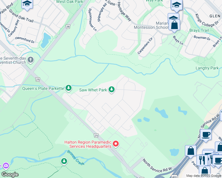 map of restaurants, bars, coffee shops, grocery stores, and more near Saw Whet Boulevard in Oakville