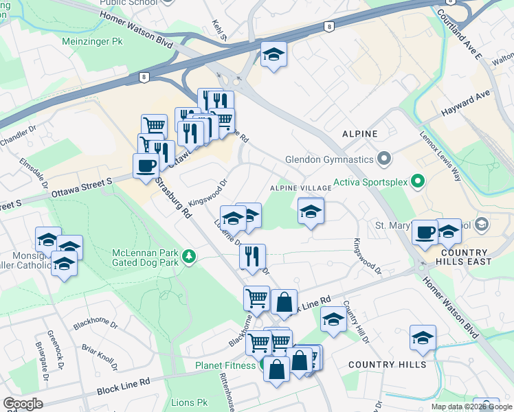 map of restaurants, bars, coffee shops, grocery stores, and more near 146 Appalachian Crescent in Kitchener