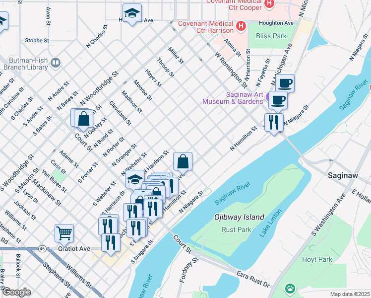 map of restaurants, bars, coffee shops, grocery stores, and more near 519 North Fayette Street in Saginaw