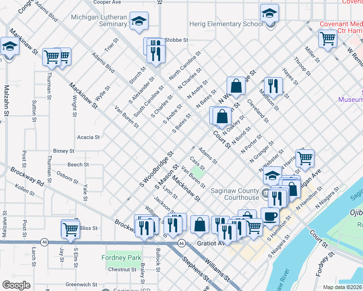 map of restaurants, bars, coffee shops, grocery stores, and more near 1320 Cass Street in Saginaw