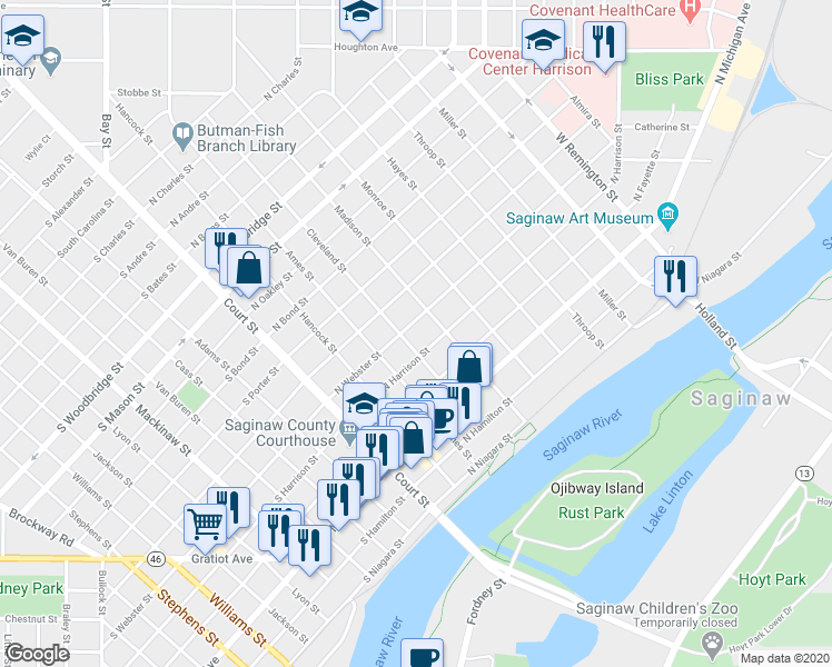 map of restaurants, bars, coffee shops, grocery stores, and more near 408 North Webster Street in Saginaw