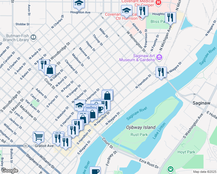 map of restaurants, bars, coffee shops, grocery stores, and more near 519 North Fayette Street in Saginaw