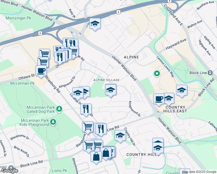 map of restaurants, bars, coffee shops, grocery stores, and more near 48 Kingswood Drive in Kitchener