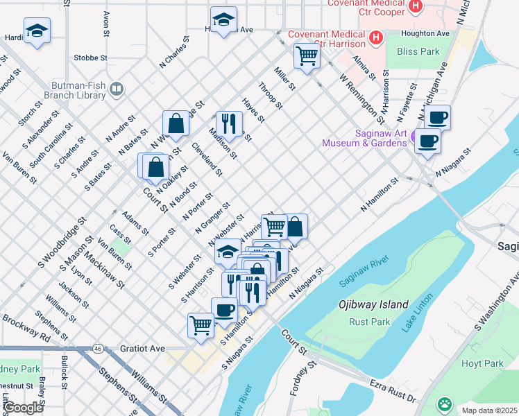 map of restaurants, bars, coffee shops, grocery stores, and more near 820 Cleveland Street in Saginaw