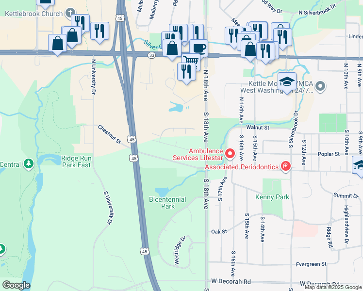 map of restaurants, bars, coffee shops, grocery stores, and more near 1911 Hilltop Drive in West Bend