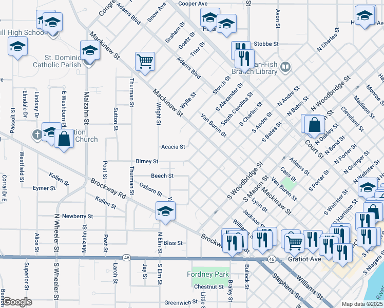 map of restaurants, bars, coffee shops, grocery stores, and more near 613 South Carolina Street in Saginaw