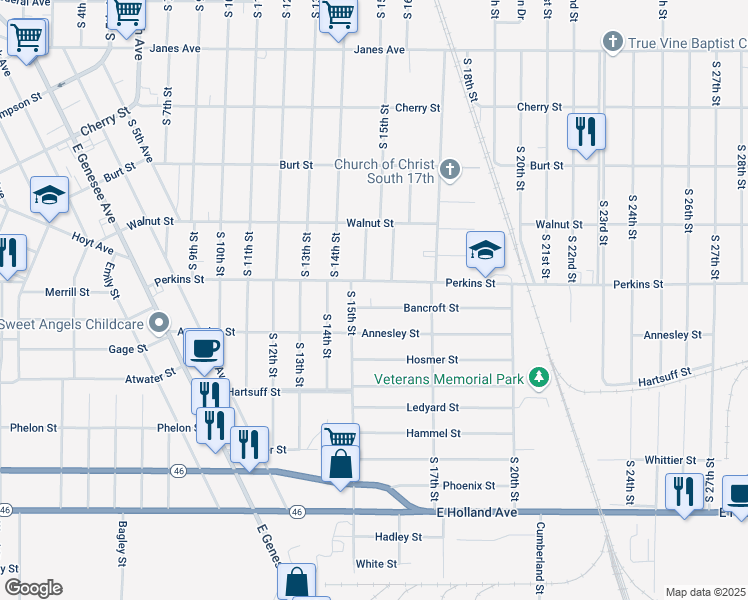 map of restaurants, bars, coffee shops, grocery stores, and more near 2137 Perkins Street in Saginaw