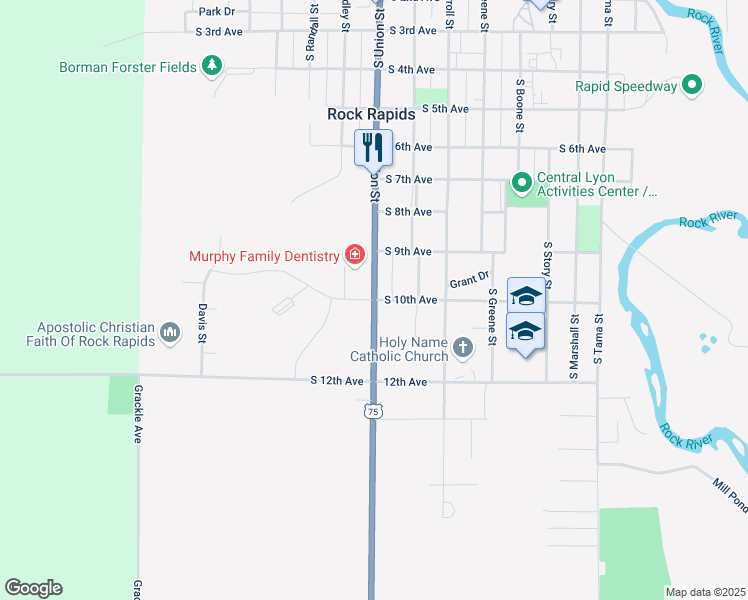 map of restaurants, bars, coffee shops, grocery stores, and more near 1000 South Union Street in Rock Rapids