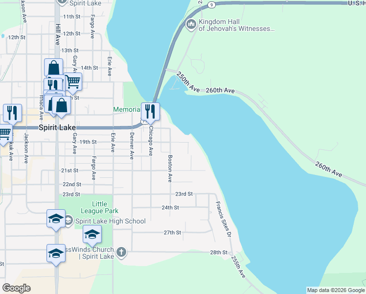 map of restaurants, bars, coffee shops, grocery stores, and more near 100-198 19th Street in Spirit Lake