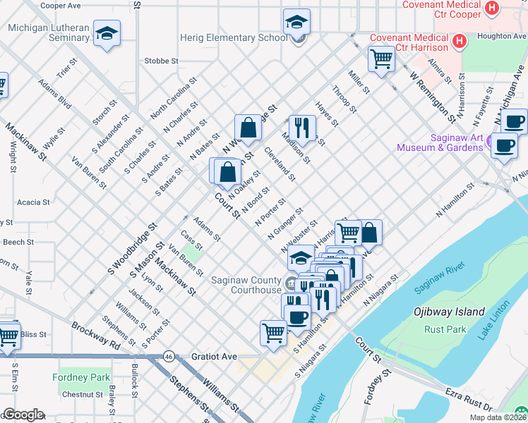 map of restaurants, bars, coffee shops, grocery stores, and more near 217 North Porter Street in Saginaw
