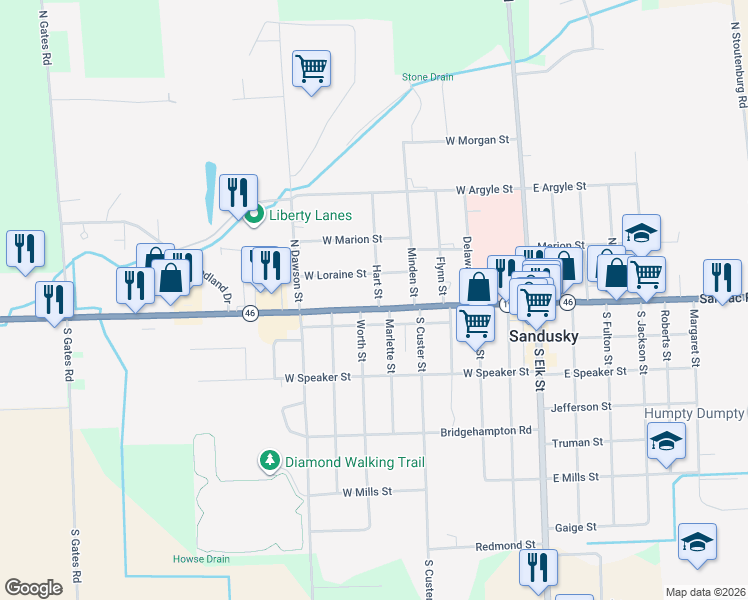 map of restaurants, bars, coffee shops, grocery stores, and more near 317 West Loraine Street in Sandusky