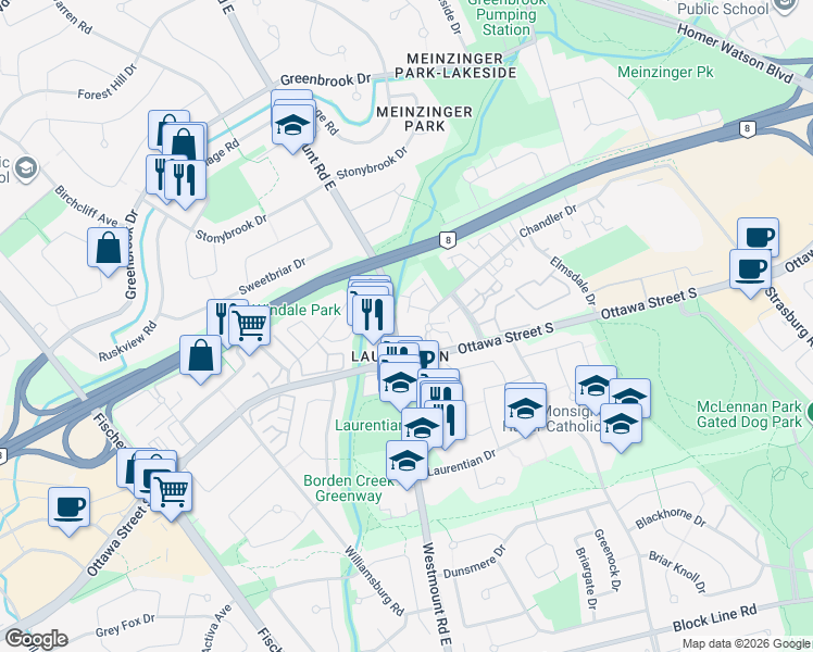 map of restaurants, bars, coffee shops, grocery stores, and more near 286 Chandler Drive in Kitchener