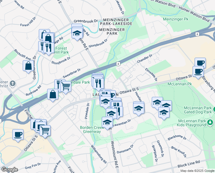 map of restaurants, bars, coffee shops, grocery stores, and more near in Kitchener