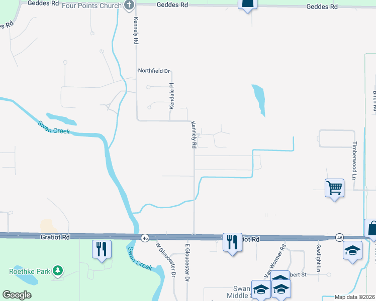 map of restaurants, bars, coffee shops, grocery stores, and more near 801 Kennely Road in Saginaw