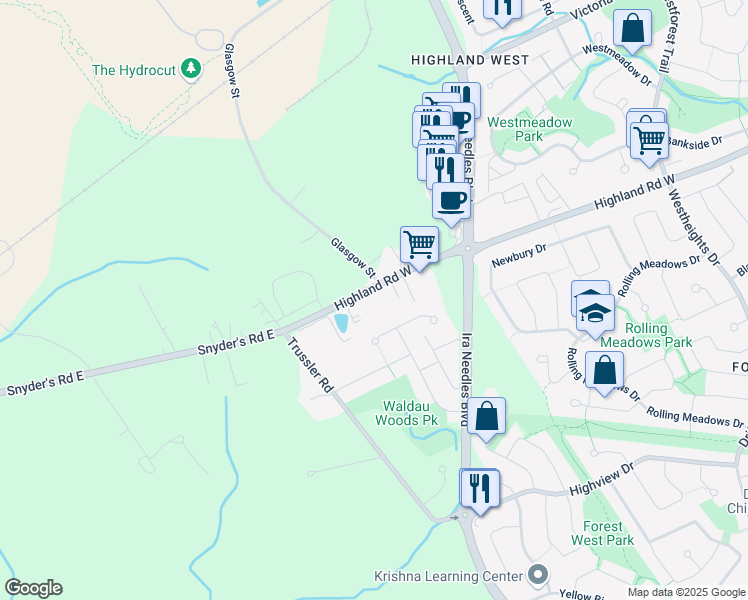 map of restaurants, bars, coffee shops, grocery stores, and more near 1593 Highland Road West in Kitchener