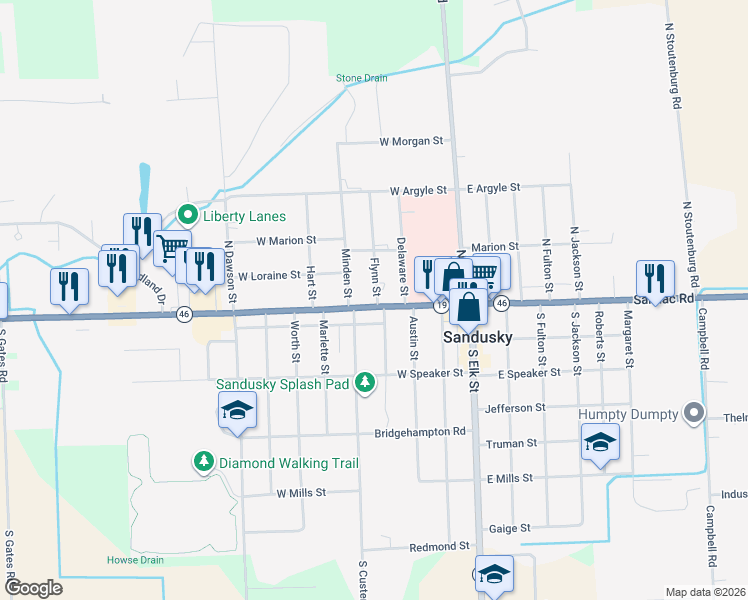 map of restaurants, bars, coffee shops, grocery stores, and more near 35 Flynn Street in Sandusky