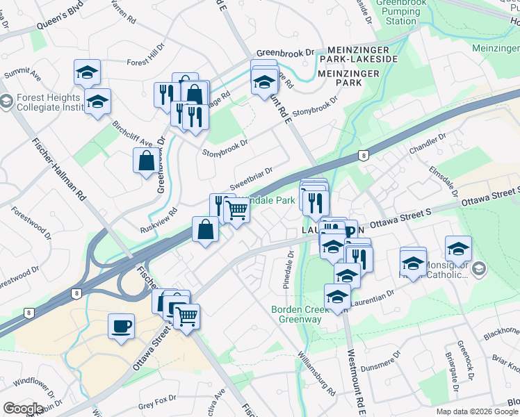 map of restaurants, bars, coffee shops, grocery stores, and more near 50 Howe Drive in Kitchener
