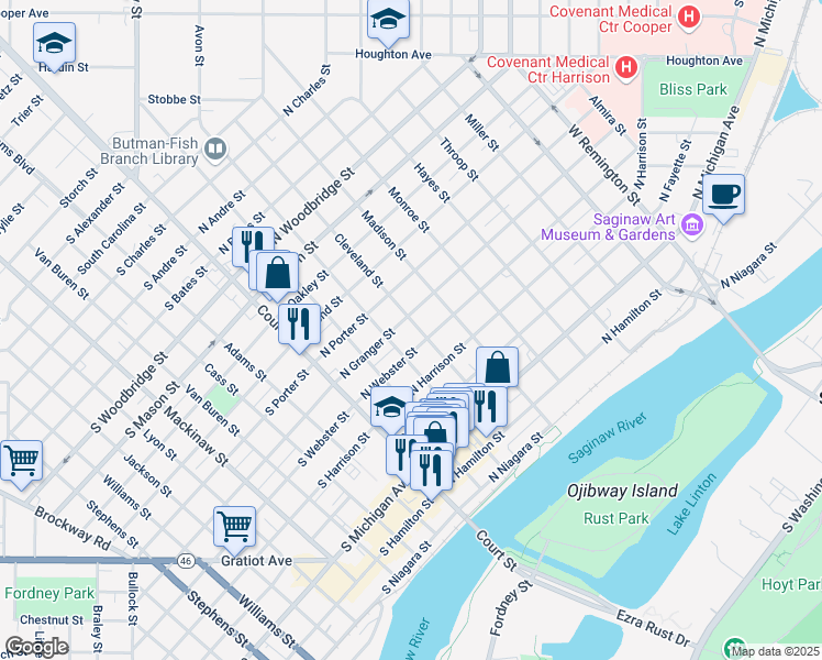 map of restaurants, bars, coffee shops, grocery stores, and more near 820 Cleveland Street in Saginaw