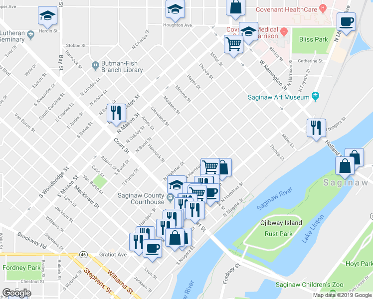 map of restaurants, bars, coffee shops, grocery stores, and more near 815 Cleveland Street in Saginaw