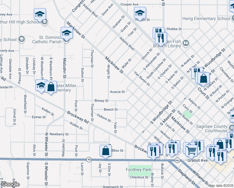 map of restaurants, bars, coffee shops, grocery stores, and more near 1446 Acacia Street in Saginaw