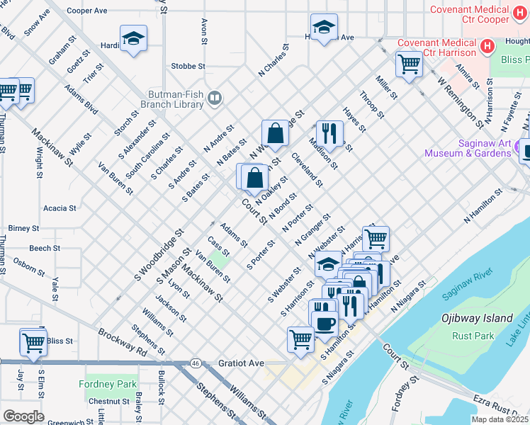 map of restaurants, bars, coffee shops, grocery stores, and more near 129 North Bond Street in Saginaw