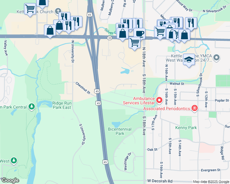 map of restaurants, bars, coffee shops, grocery stores, and more near 2015 Hilltop Drive in West Bend